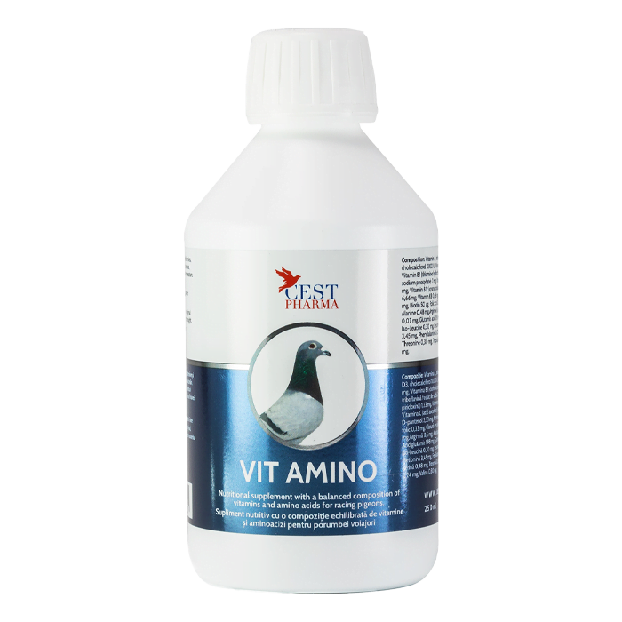 Vit-Amino 250 ml – supliment nutritiv pe bază de aminoacizi și vitamine pentru porumbei, energie și recuperare